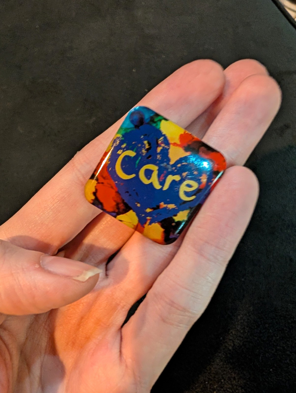 Penzeys "Care!" Square Slogan Pinback Button, Multicolor Front Yellow Heart